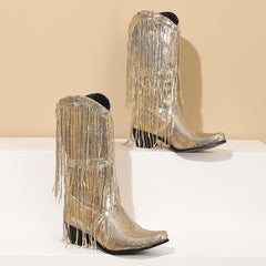 Curved Toe Sequins Glitter Bling Shiny Gold Green Purple Women Heels Shoes Mid-calf Western Cowboy Boots With Fringes Tassels