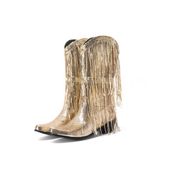 Curved Toe Sequins Glitter Bling Shiny Gold Green Purple Women Heels Shoes Mid-calf Western Cowboy Boots With Fringes Tassels