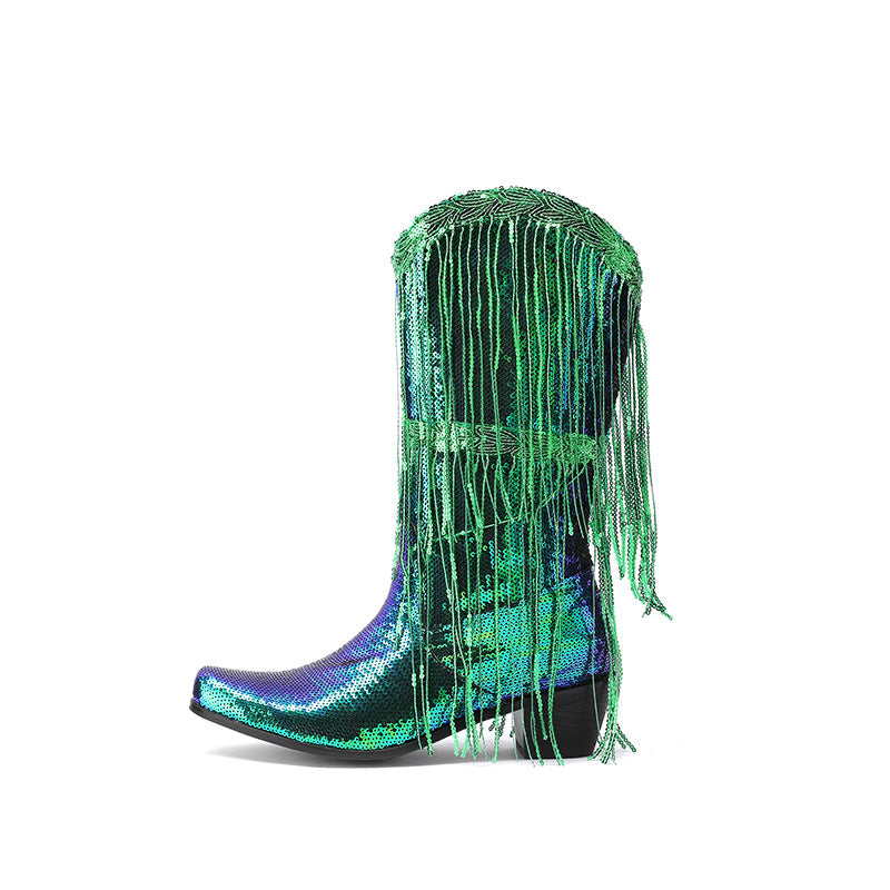 Curved Toe Sequins Glitter Bling Shiny Gold Green Purple Women Heels Shoes Mid-calf Western Cowboy Boots With Fringes Tassels