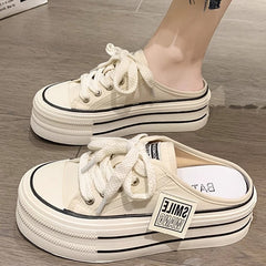 Baotou half slippers for women wearing thick soled height increasing lazy casual versatile canvas white shoes