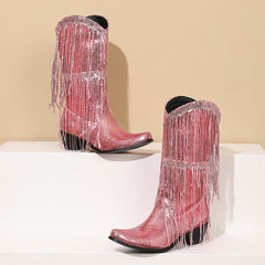 Curved Toe Sequins Glitter Bling Shiny Gold Green Purple Women Heels Shoes Mid-calf Western Cowboy Boots With Fringes Tassels