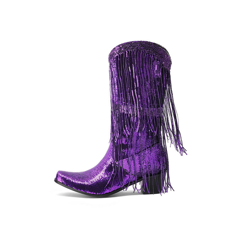 Curved Toe Sequins Glitter Bling Shiny Gold Green Purple Women Heels Shoes Mid-calf Western Cowboy Boots With Fringes Tassels