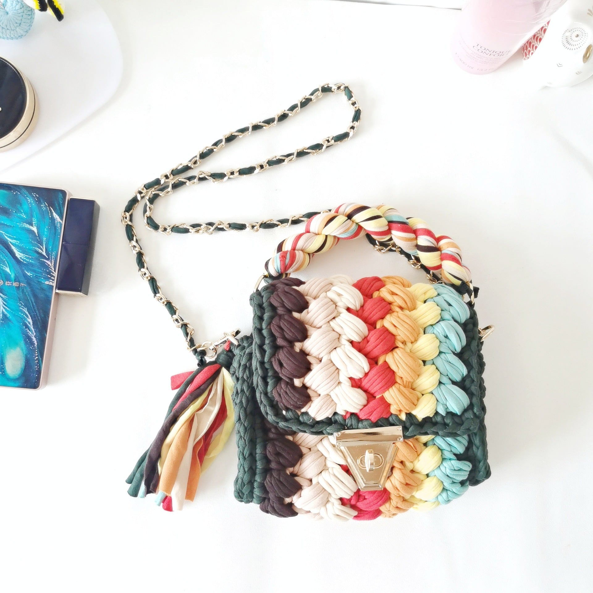 HyunA same style finished hand-woven cloth bag women's crossbody bag chain