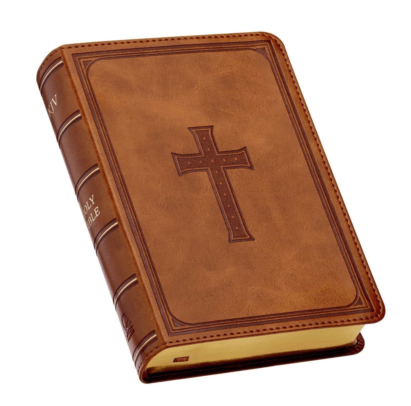 Bible-Faux Leather Large Print Compact King James Version Bible- Saddle Tan and Dark Brown