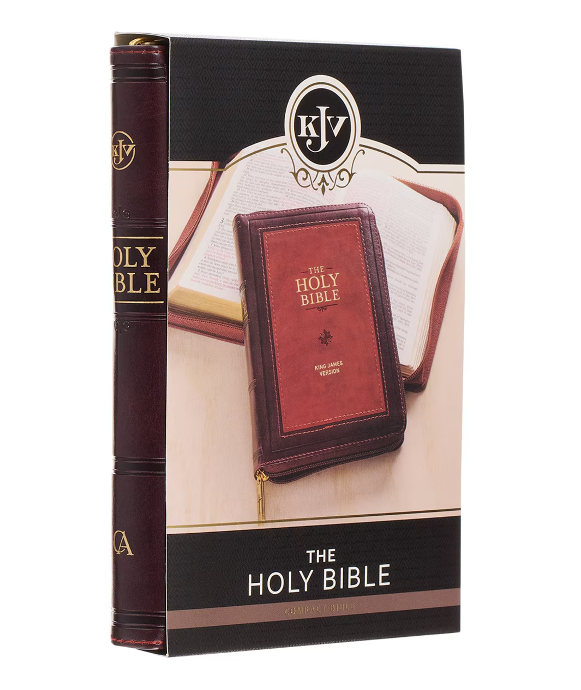 Bible-Burgundy and Bible-Saddle Tan Framed Faux Leather Compact King James Version Bible with Zippered Closure